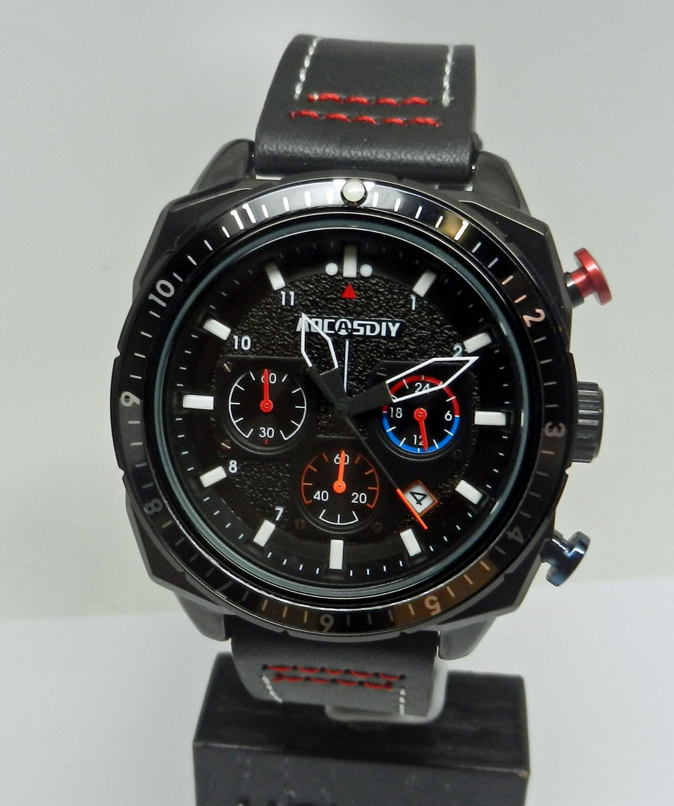 Men’s 45mm Black Textured Chronograph Date Dial W/ Leather 24HR Dial Sport Watch