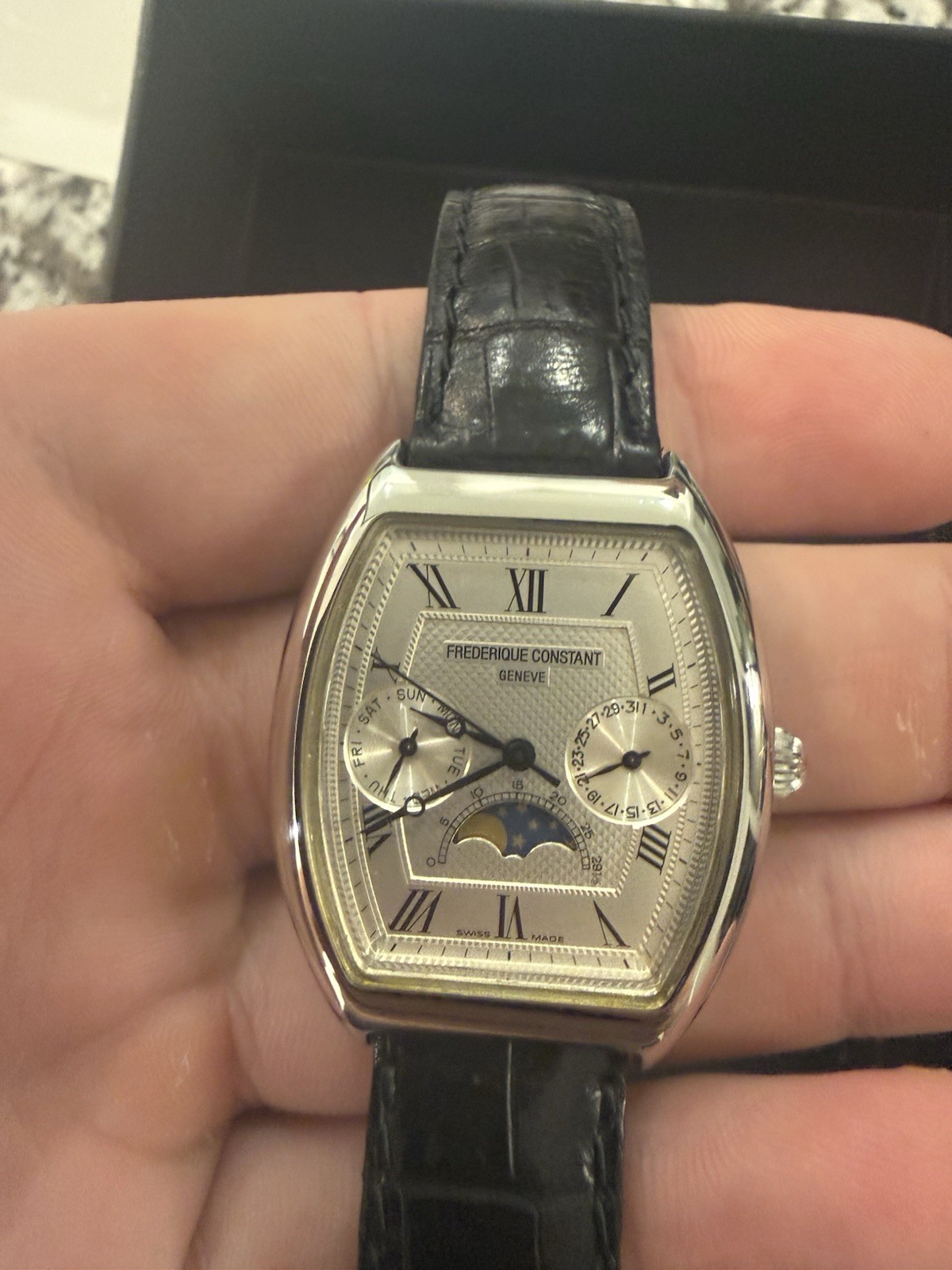Rare Frederique Constant Moonphase Tonneau FC260X3T5/6 Roman White Swiss Watch