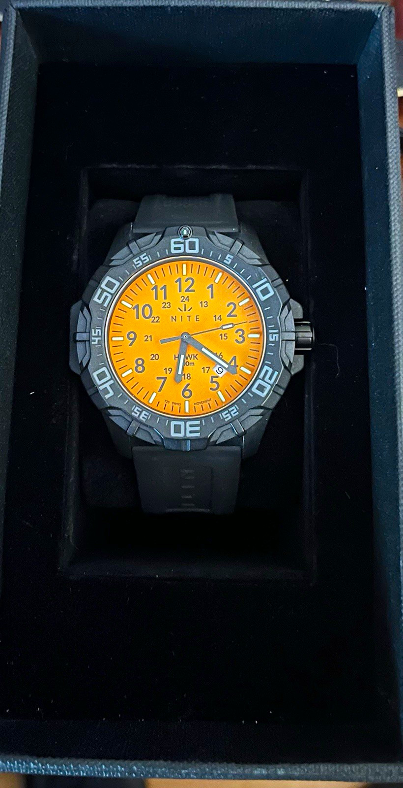 Nite Hawk Men’s Quartz Date 200m Orange Dial Black Rubber Strap W/ Box