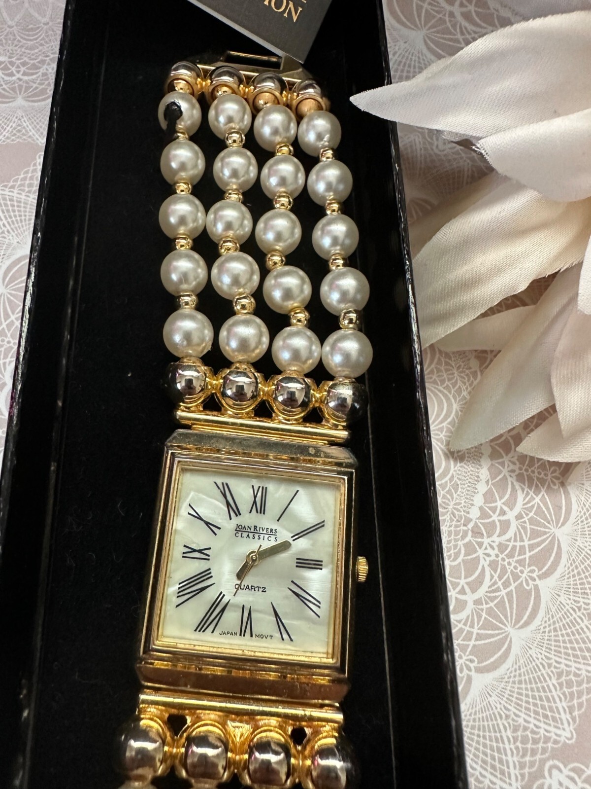 Joan Rivers Classics Collection Faux Pearl & Gold Bead Watch With Quartz Movemen