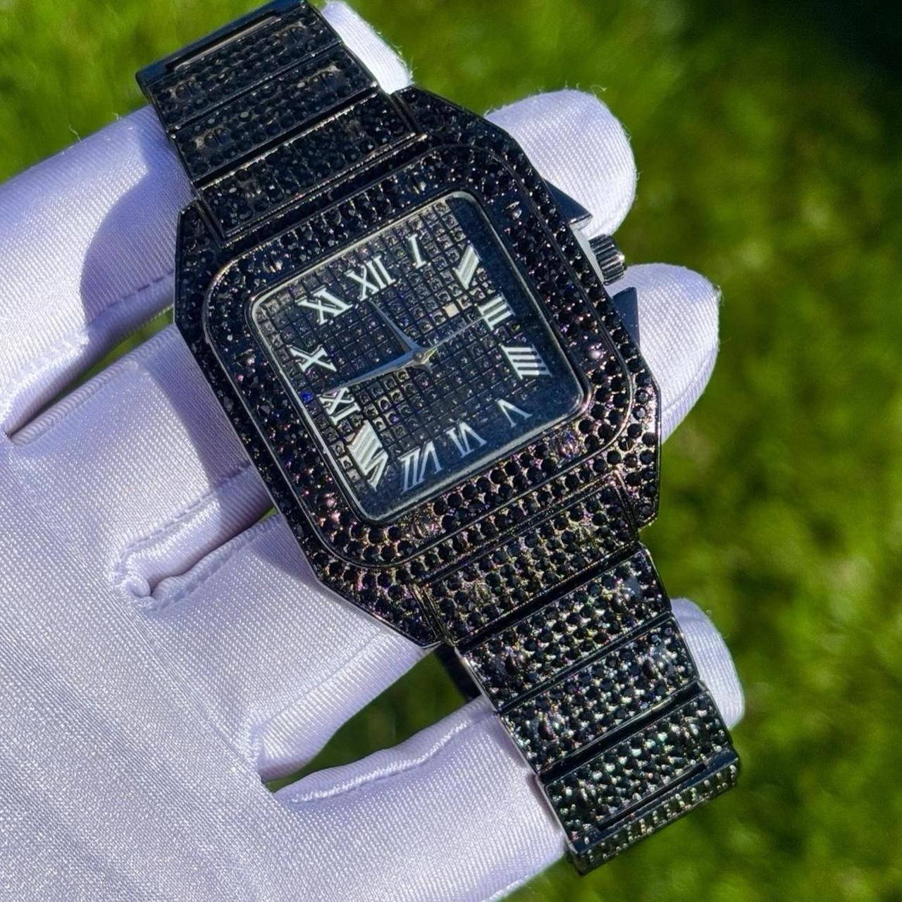 VVS Roman Numerals Square Dial Iced Out Diamond Watch Hip Hop Watch Black