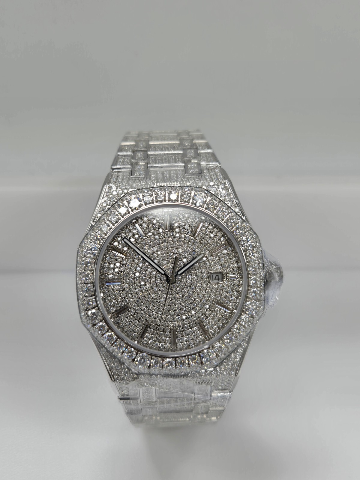 Moissanite Watch, Stainless Steel Case & Band, Diplomat Buckle, Brand New w/Box