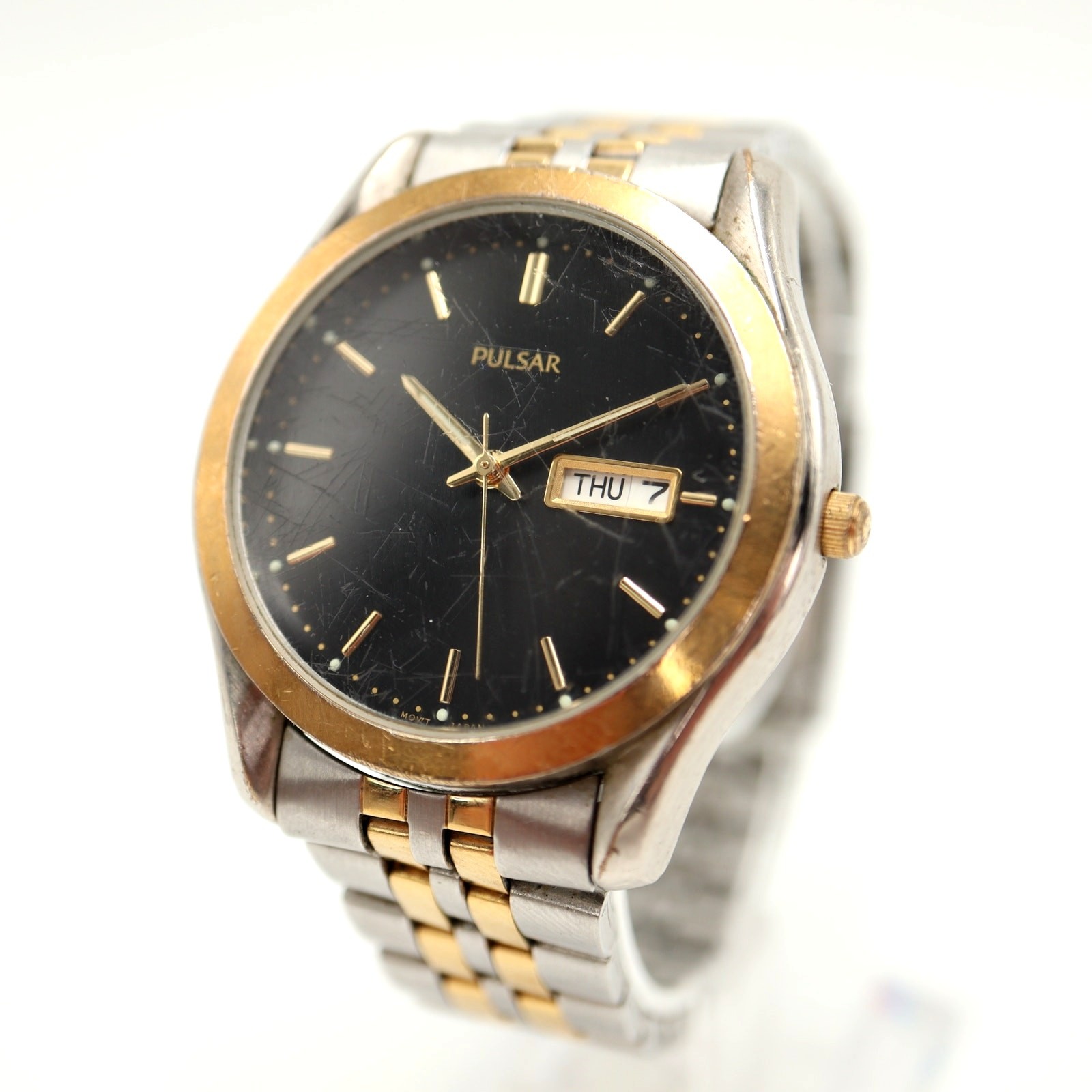 Vintage Pulsar Mens Two Tone Day Date Watch 38mm Gray Dial V733-X061 New Battery