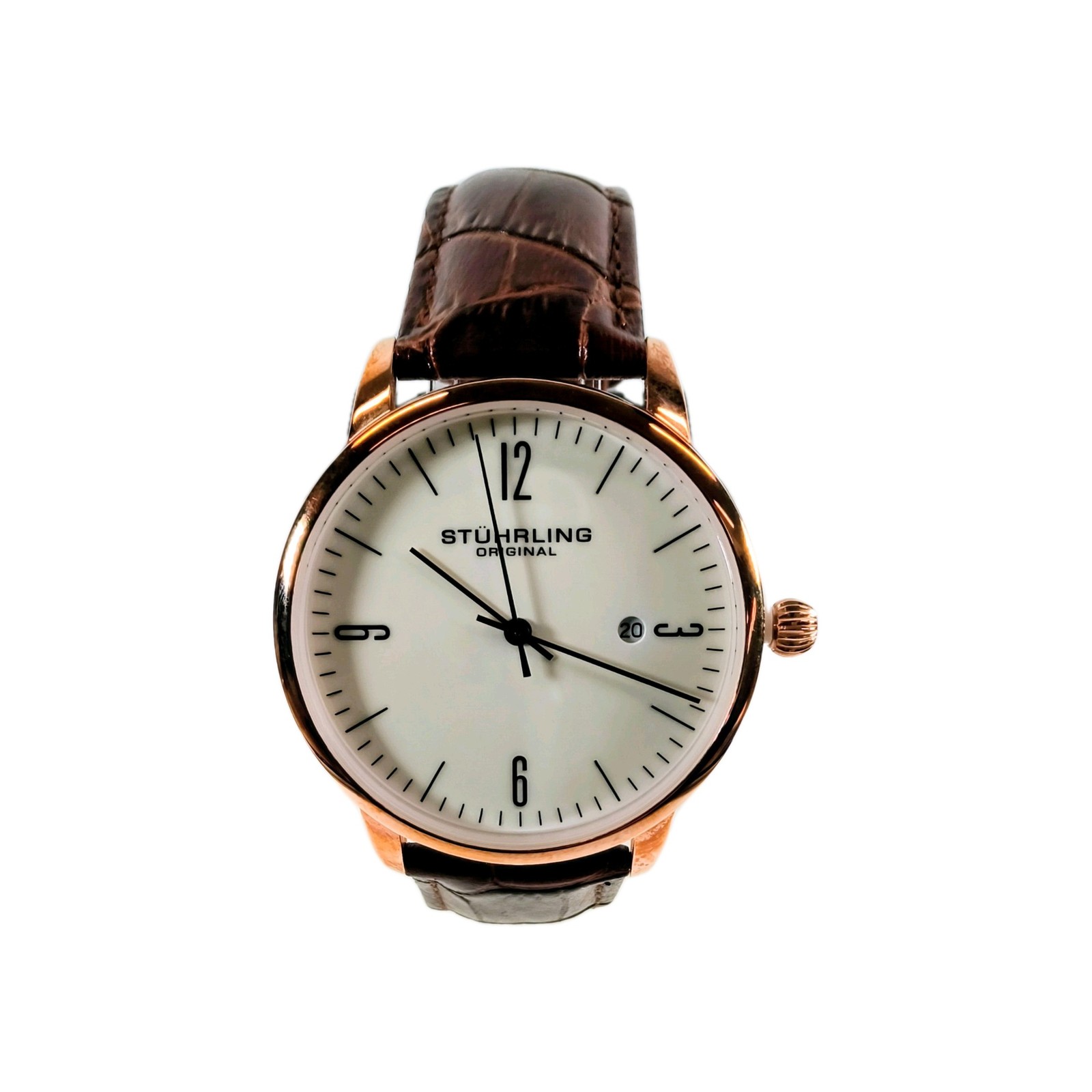 Stuhrling 3997 RARE Rasa Date Brown Embossed Leather Strap Mens Watch