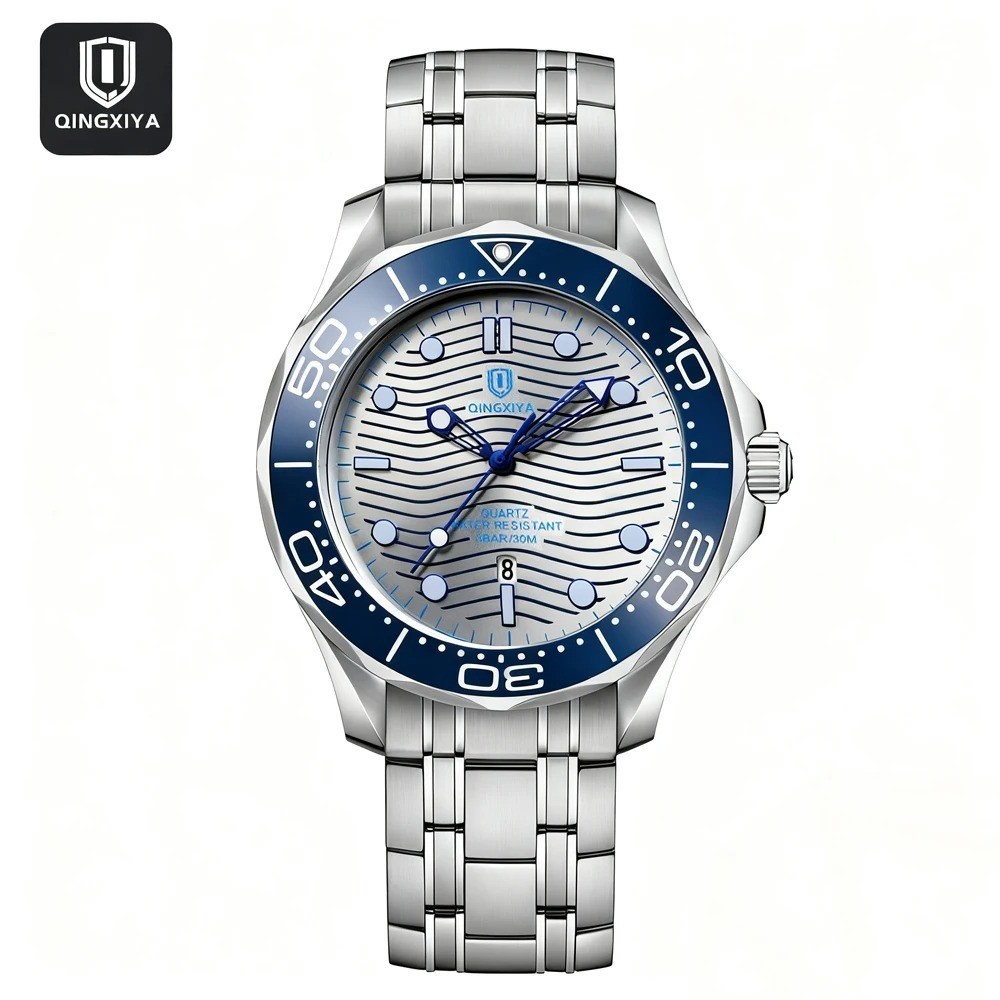44MM QINGXIYA Diver Quartz Watch Men’s Stainless Steel Waterproof Luminous NEW