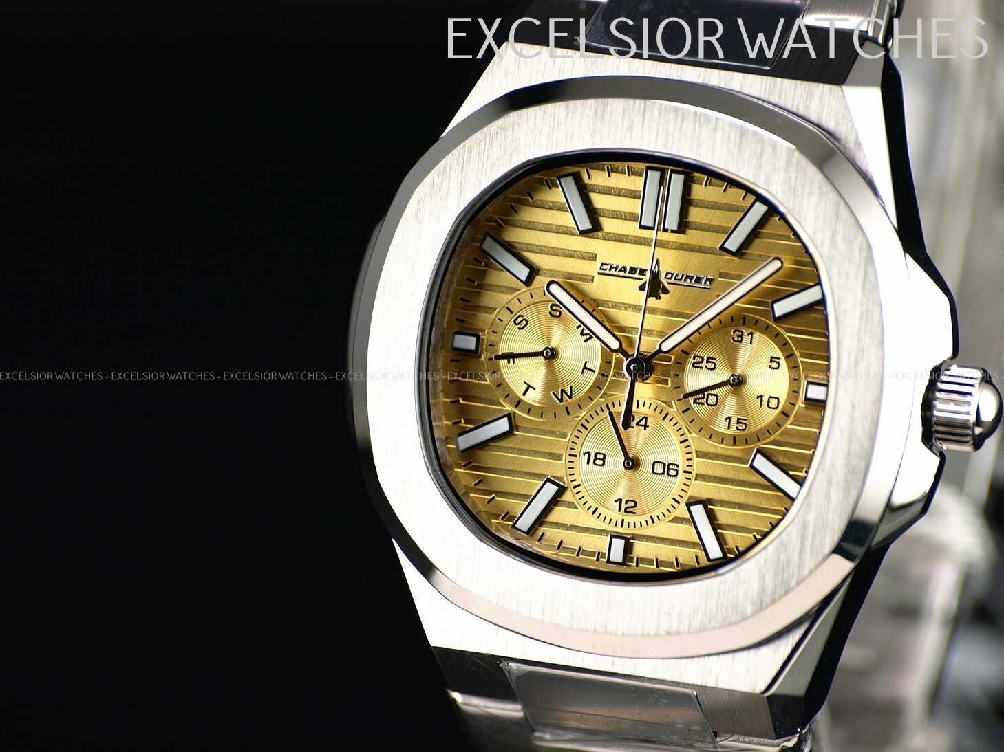 INVICTA CHASE DURER MEN’S 41MM NAUTILUS STYLE DAY DATE QUARTZ TAN DIAL SS WATCH