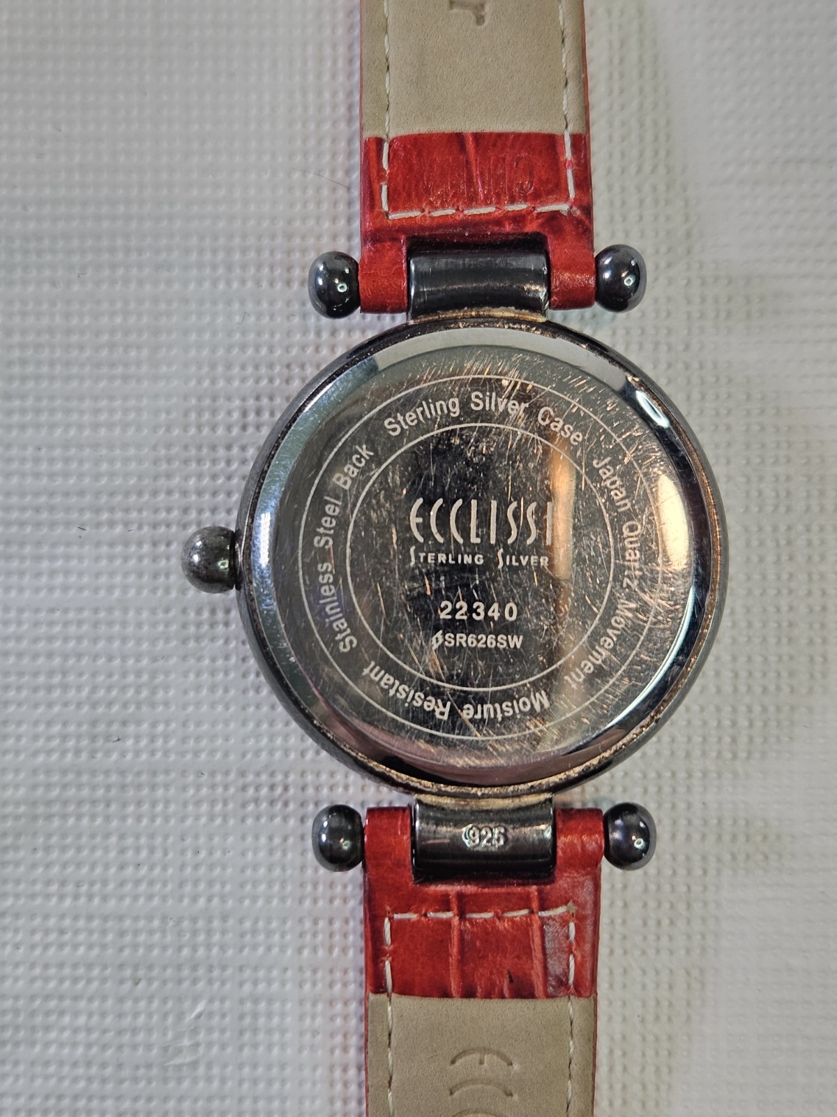Ecclissi Sterling Silver 925 Case Mother Pearl Face Red Leather New Battery