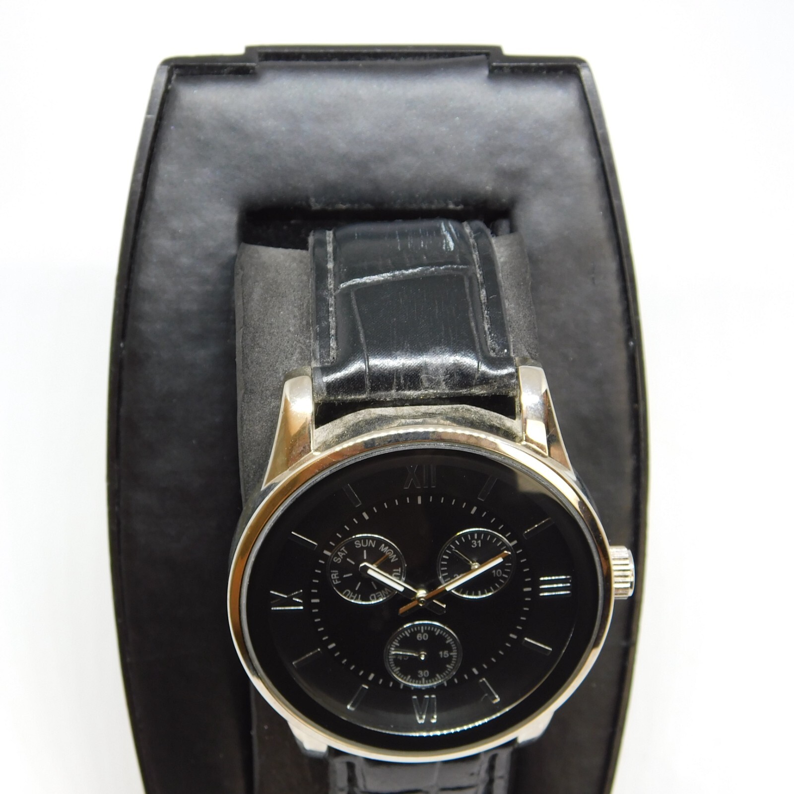 Allude Silver Tone Case Black Tone Band Quartz Analog Men’s Watch New Battery