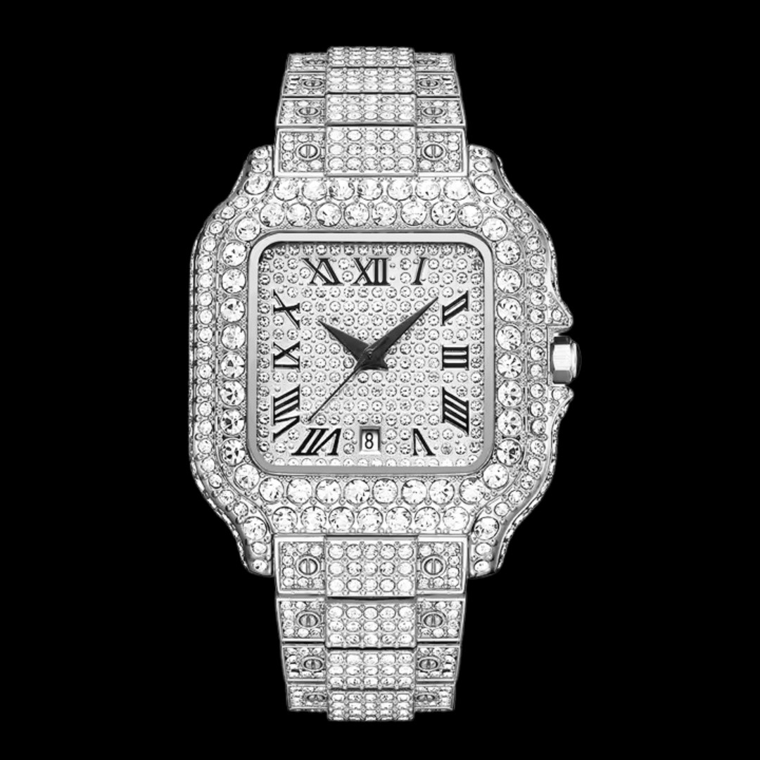 VVS Roman Numerals Square Dial Iced Out Diamond Watch, Hip Hop Watch, Silver