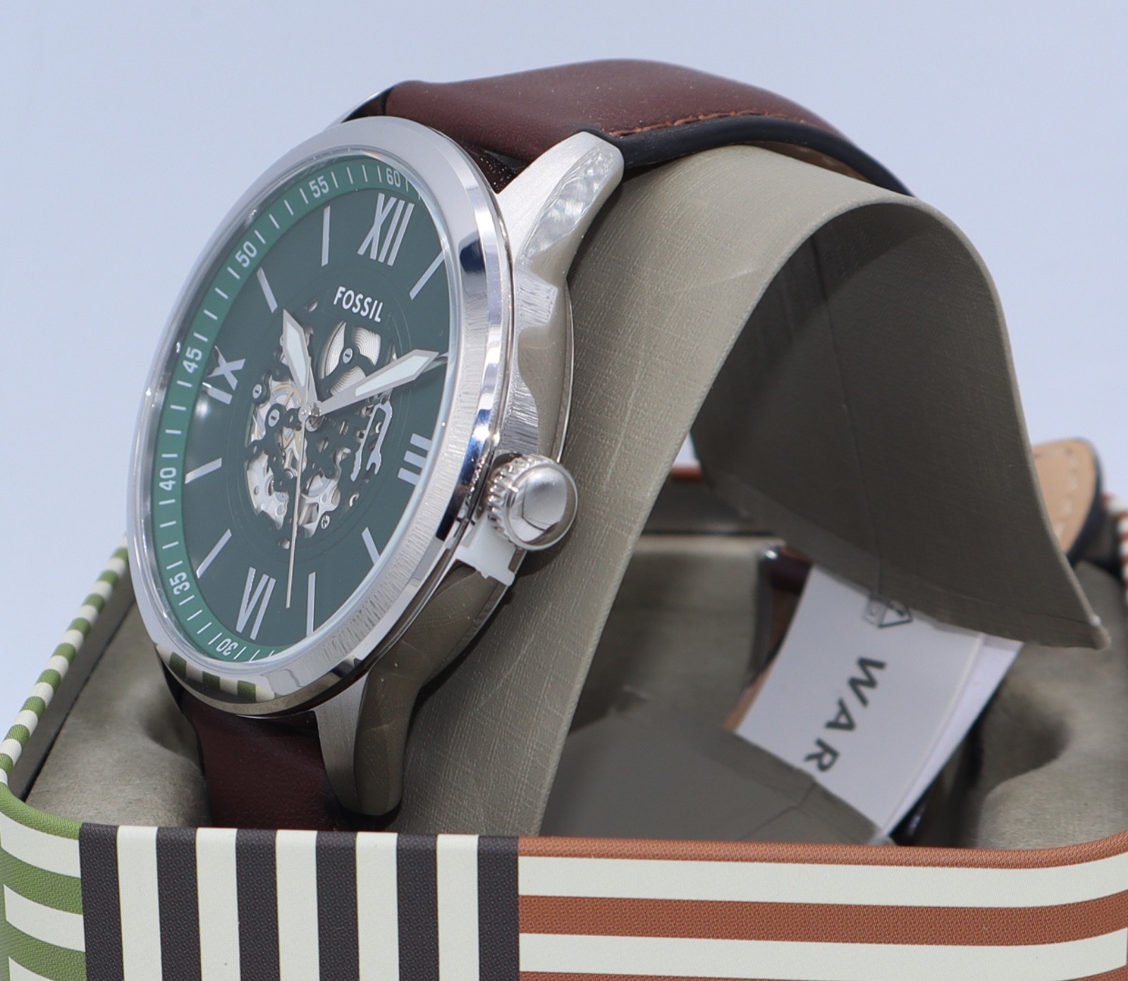 Fossil Flynn Silver Green Brown Leather Skeleton BQM7129 Men Watch