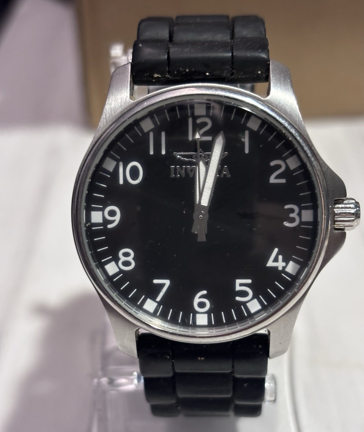 Invicta Angel Analog Quartz 50m 38mm Silver SS Case Black Dial Strap