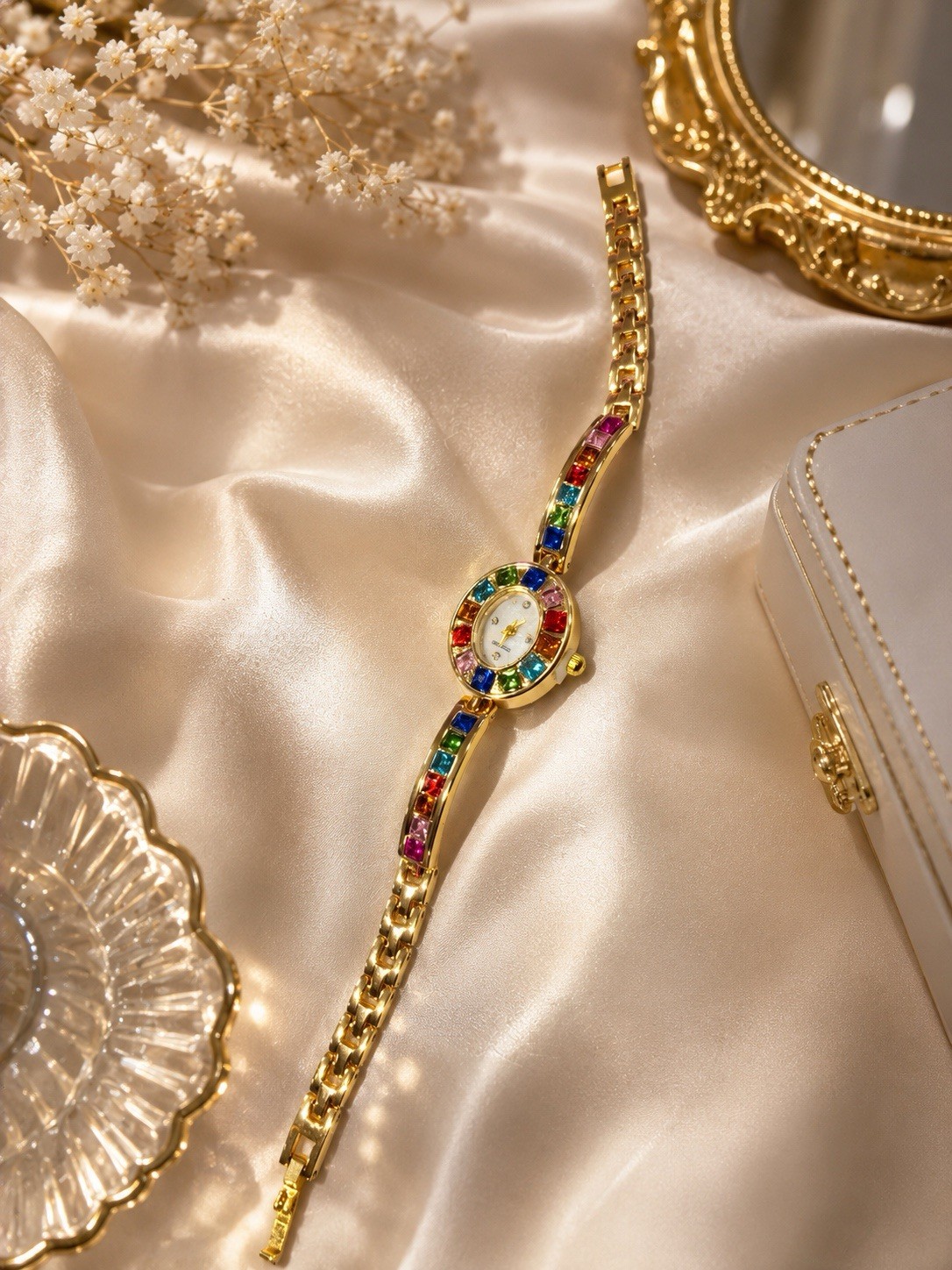 Women’s Quartz Analog Dress Watch Gold Tone Metal Bracelet Multicolor Bezel