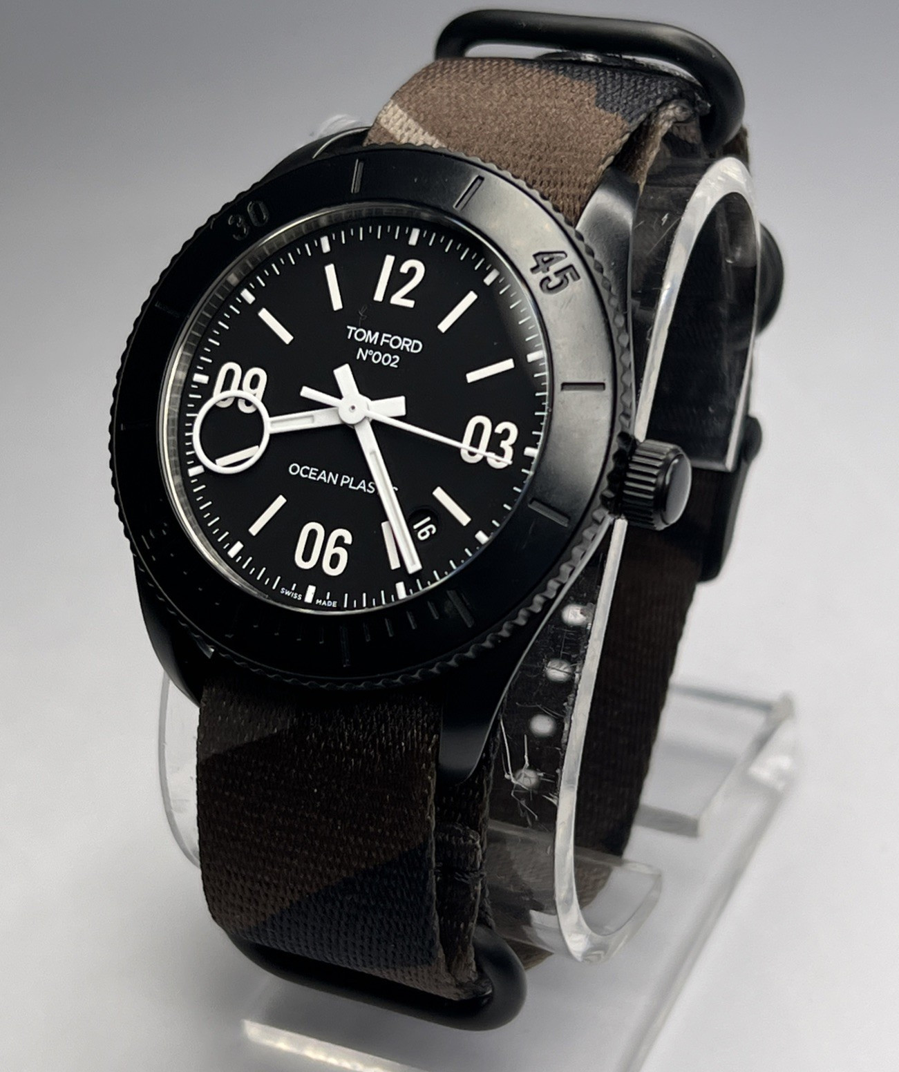 Tom Ford 43mm Black Ocean Plastic Swiss Automatic Date Watch Brown Camo Strap