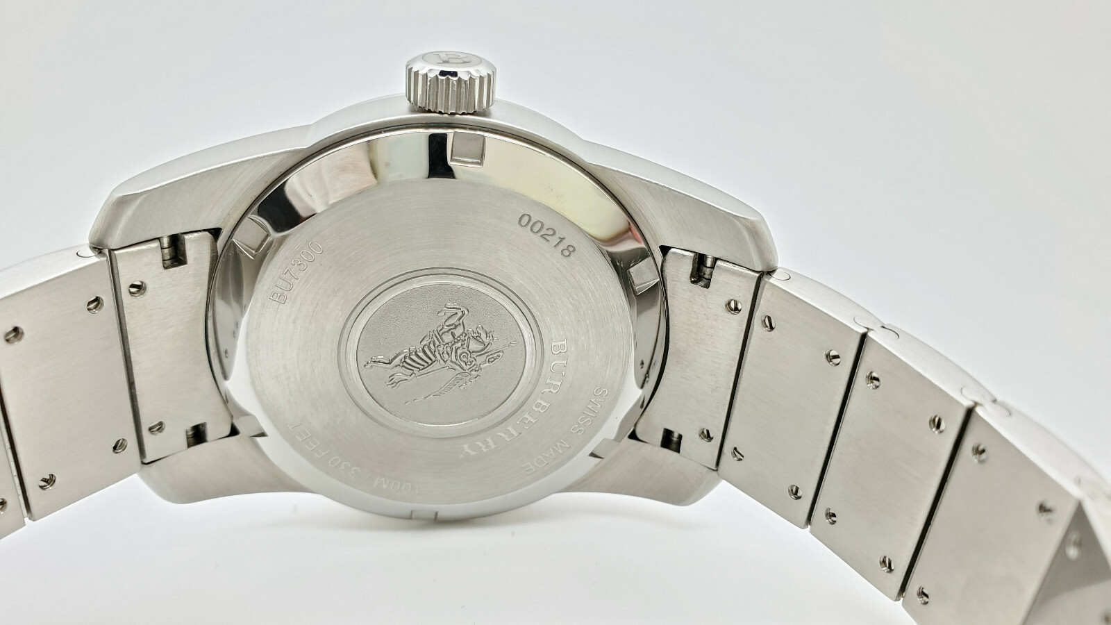Burberry BU7300 Silver Tone Black Date Dial Mens Swiss Made Dress Watch