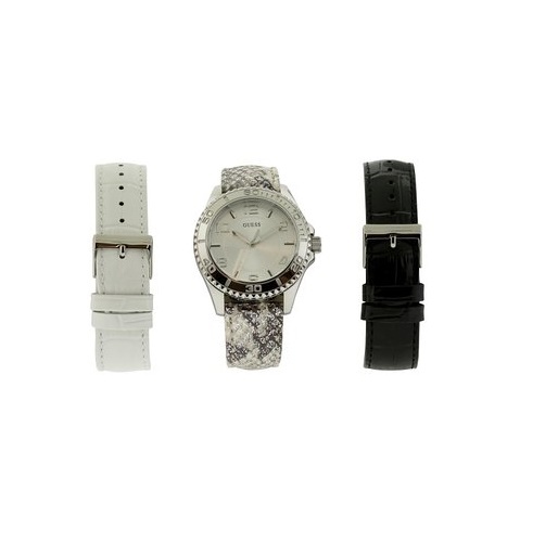 NEW GUESS WHITE,BLACK,GREY LEATHER INTERCHANGEABLE BAND+SILVER WATCH SET W0239L1