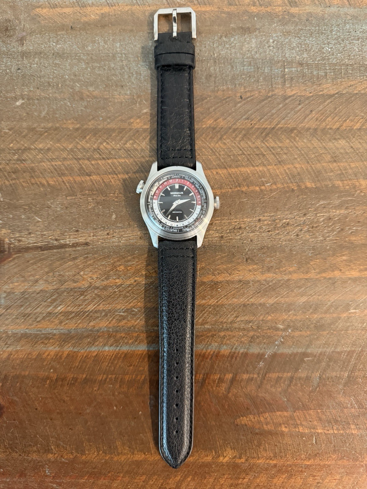 Merkur Worldtime Manual Wind Watch Mineral Crystal, 38.5MM/20MM/13MM