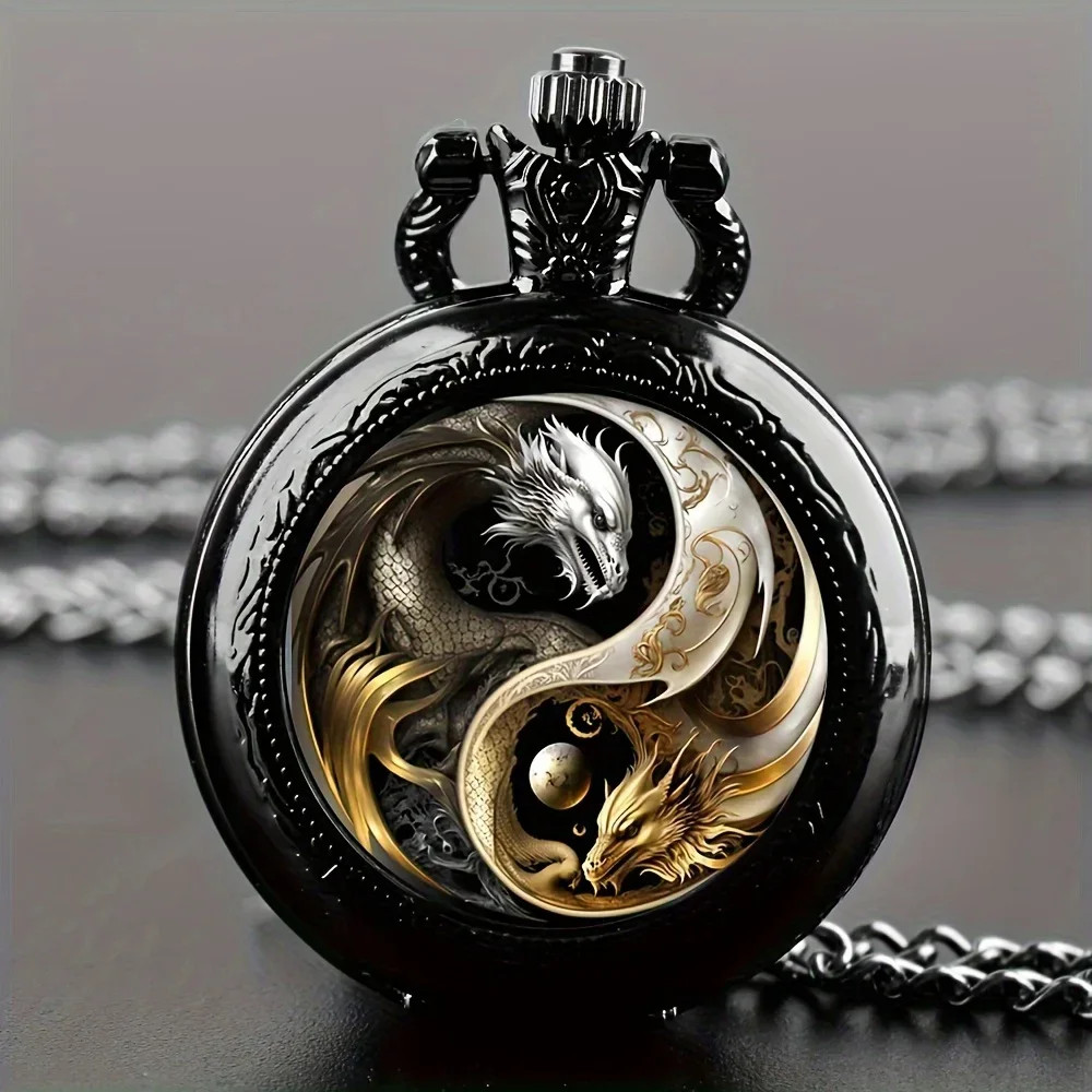 Retro Double Dragon Pattern Golden Silvery Quartz Pocket Watch Classic Style