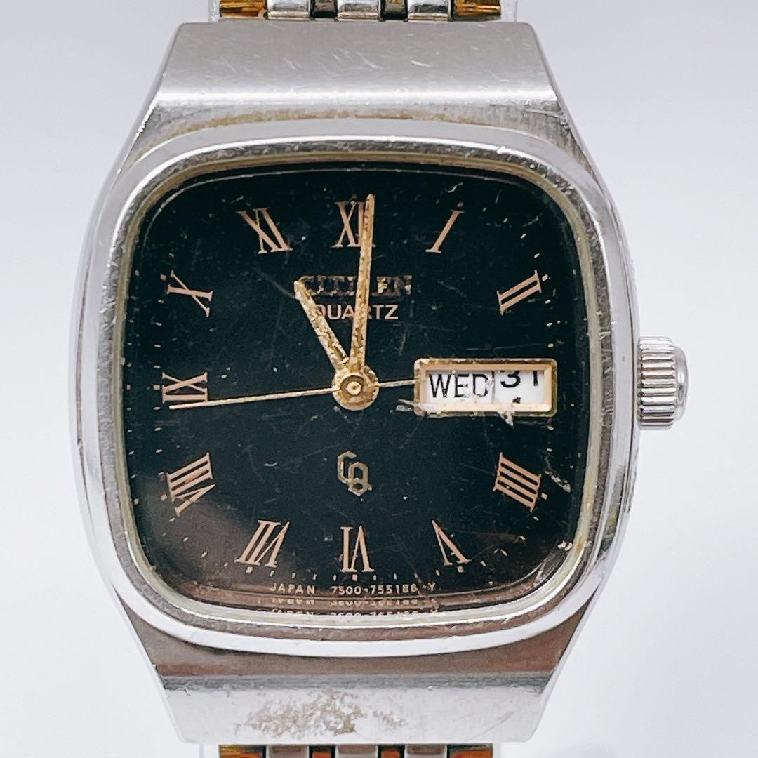 Citizen Quartz Day-Date Two-Tone Black Wristwatch Japan Working 071772