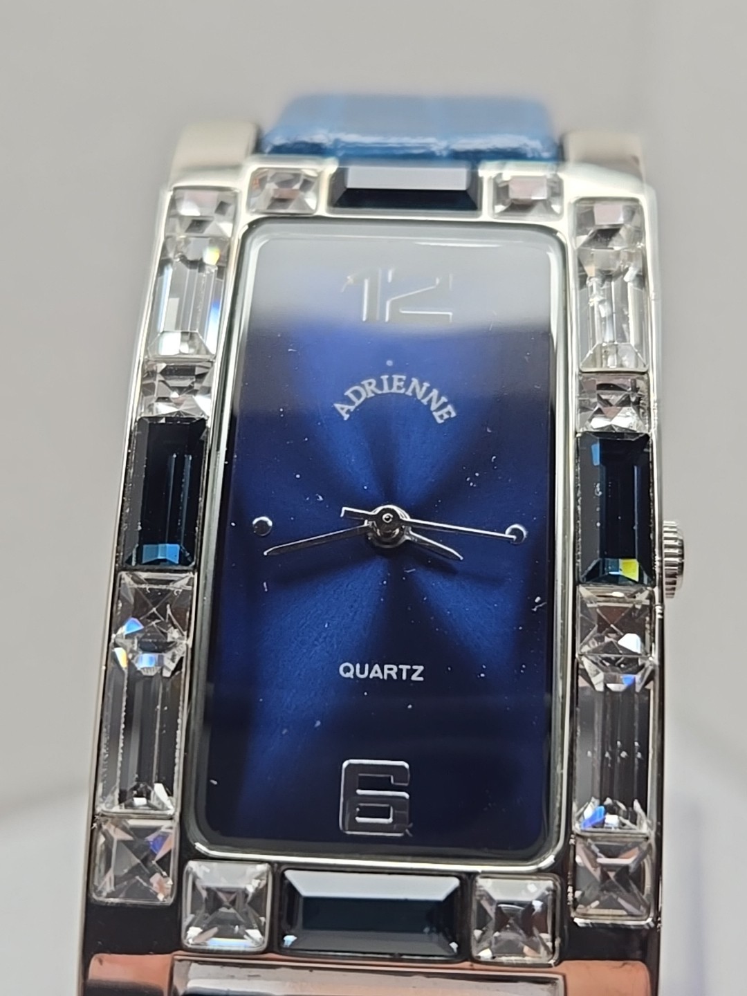 Adrienne Crystal Bezel Blue Alligator Leather Strap Womens Watch New Battery