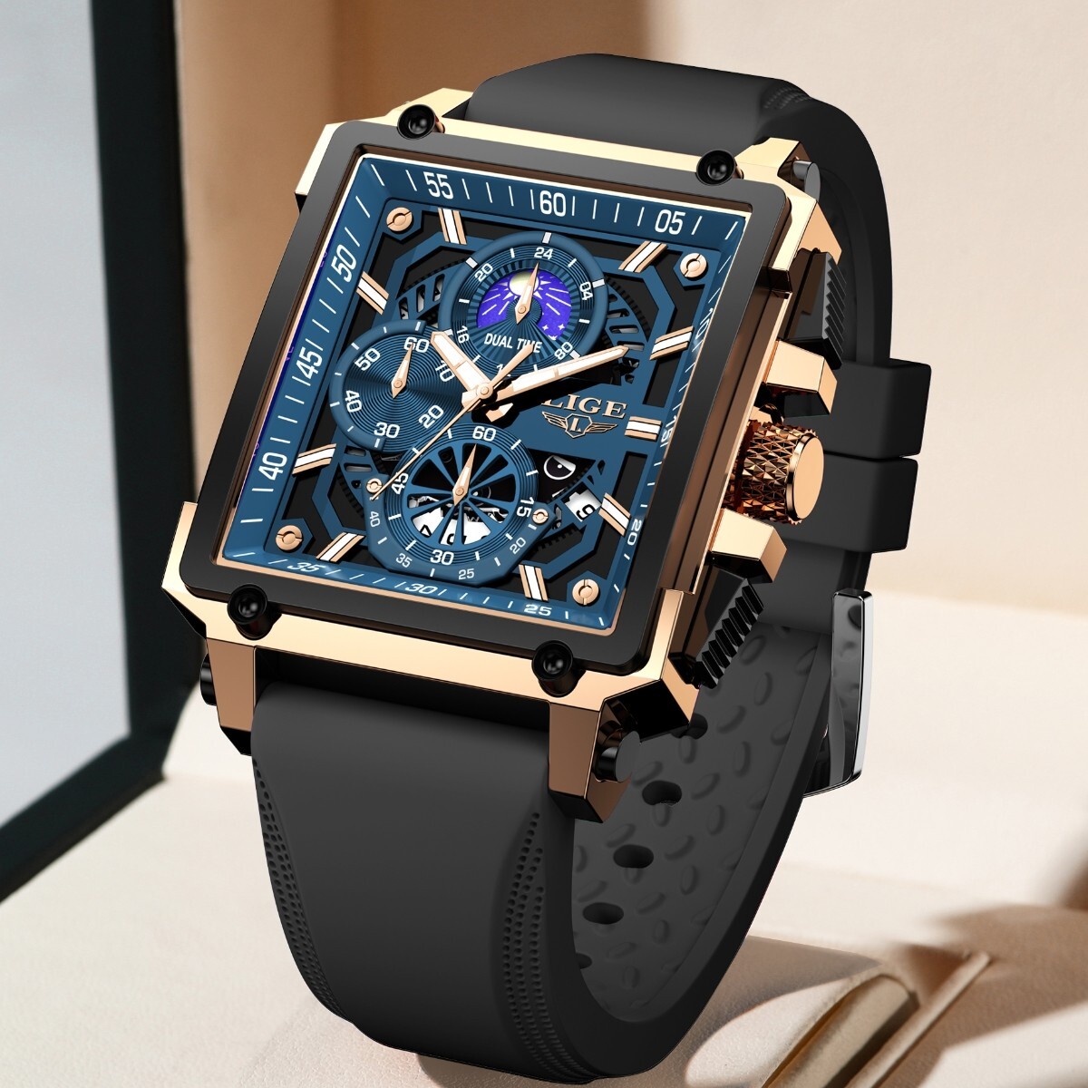Men’s Watches Square Date Moon image Luminous Dial 3ATM Waterproof Wristwatch