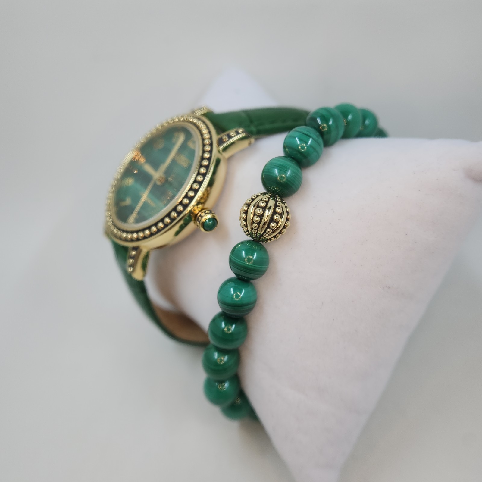 Ecclissi Malachite Gemstone Leather Watch w/ Stretch Bracelet, Average