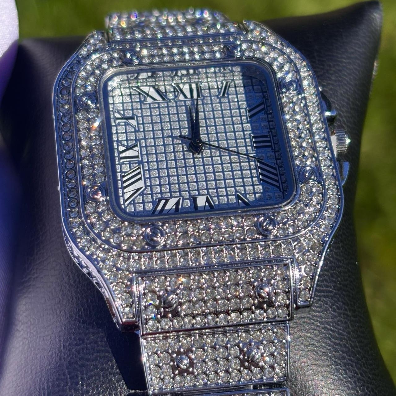 VVS Roman Numerals Square Dial Iced Out Diamond Watch Hip Hop Watch Silver Color