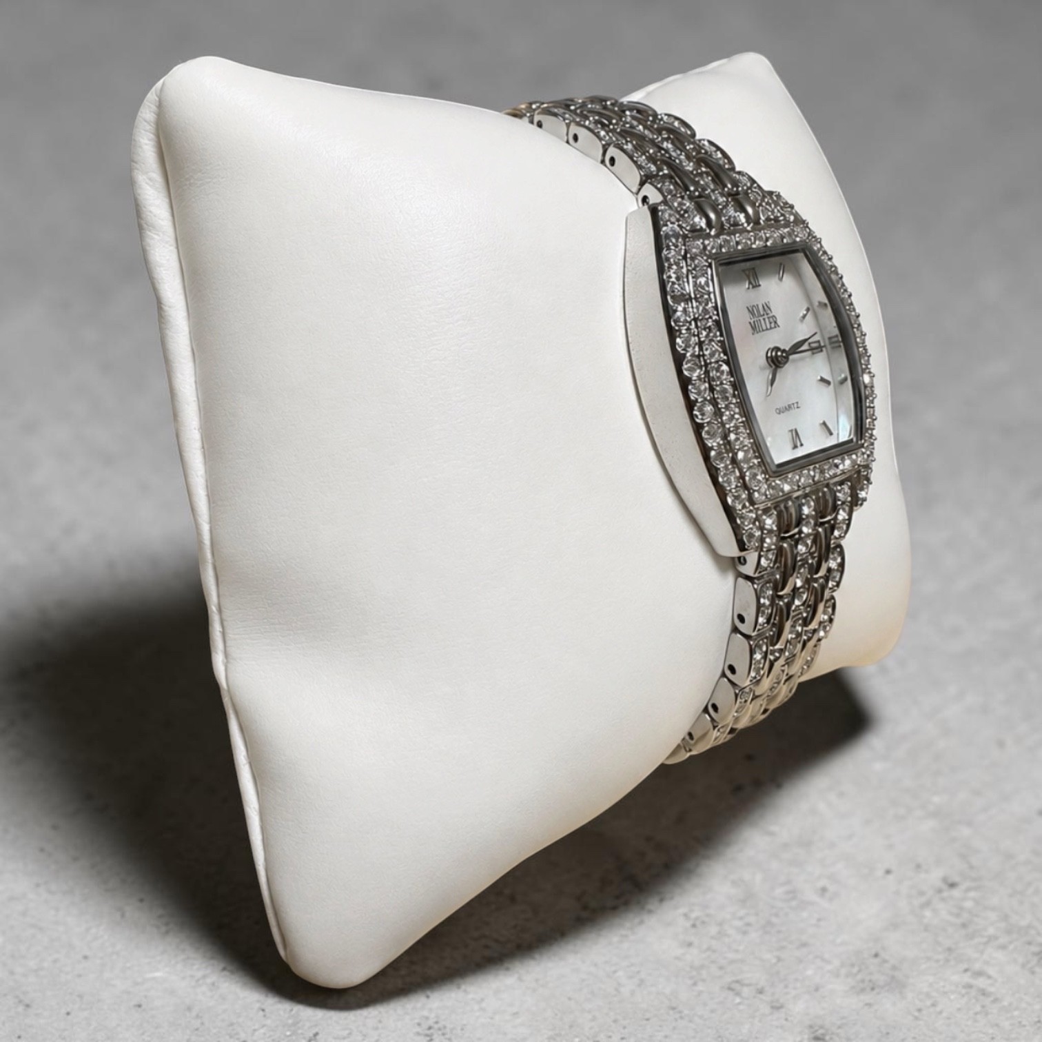 Nolan Miller Womens Silver Tone Rhinestone Bracelet Watch 6-1/4”