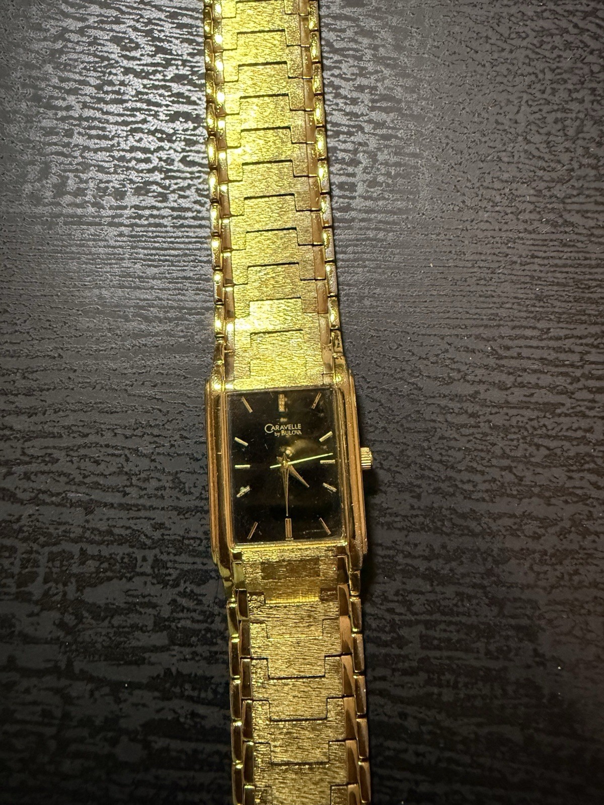 Bulova Caravelle Rectangle Quartz Watch Black Dial Gold Tone Bracelet 22mm