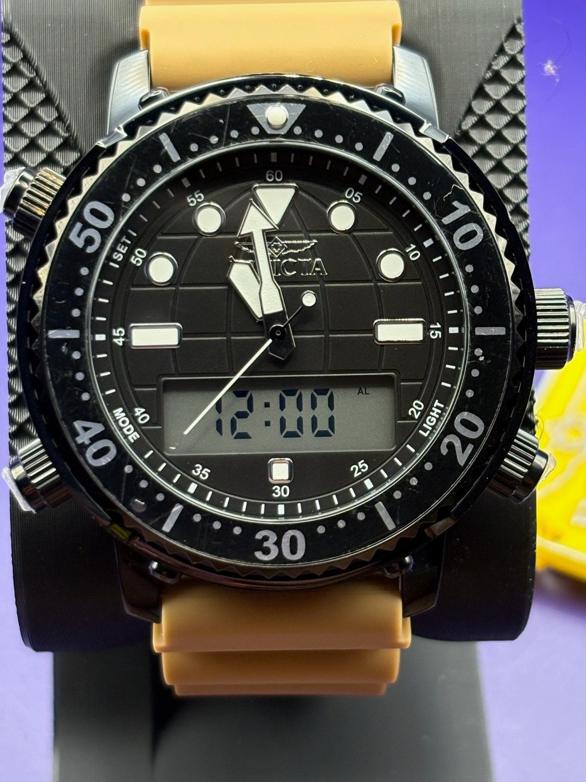 Invicta Pro Diver Digiquartz Mens Watch 46.5mm Blk Case/Brown Silicone Strap NEW