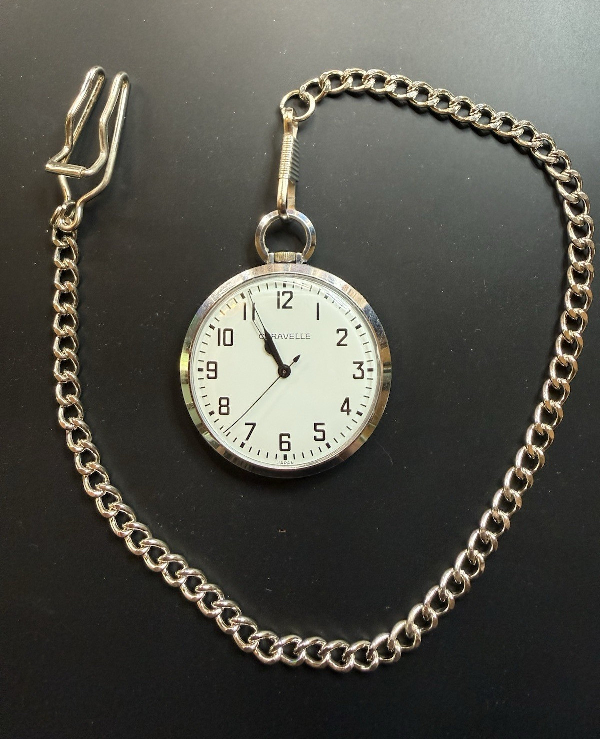Caravelle 11DP Mechanical Pocket Watch White Dial Arabic Numerals Chain Serviced