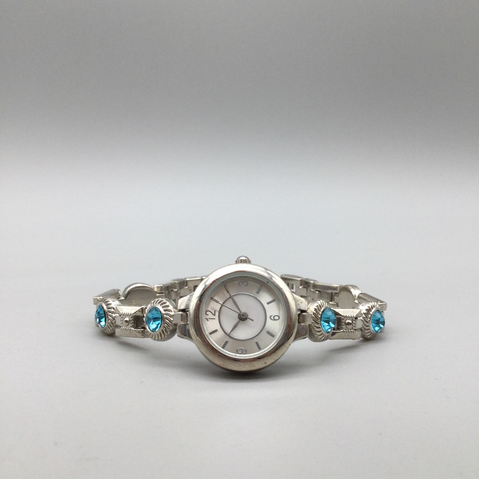 Allude Womens Watch 22mm Silver Tone Blue Rhinestone Bracelet New Battery 7.5″