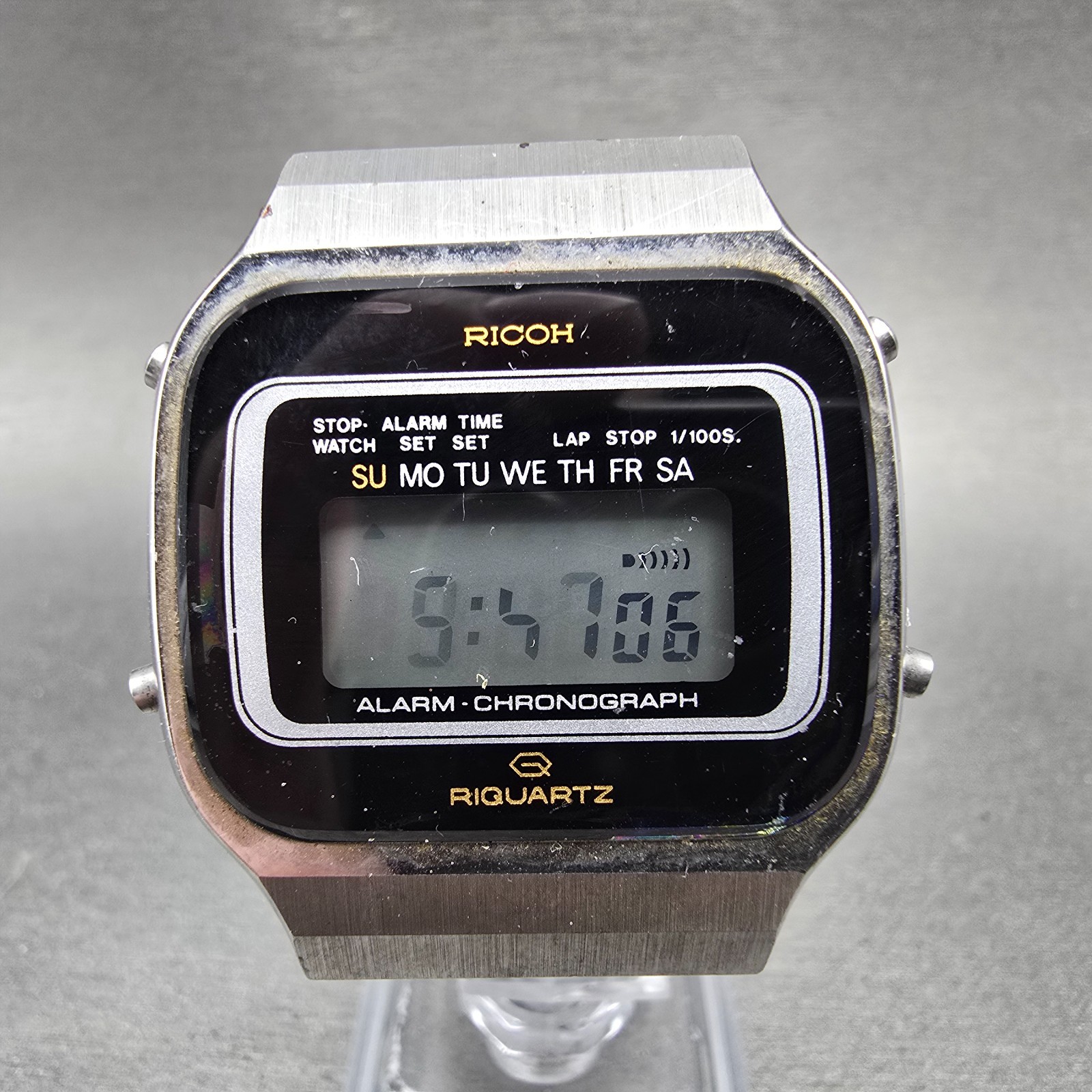Ricoh Digital Watch Men 36mm Black Dial Silver Tone Alarm Chrono READ!! New batt