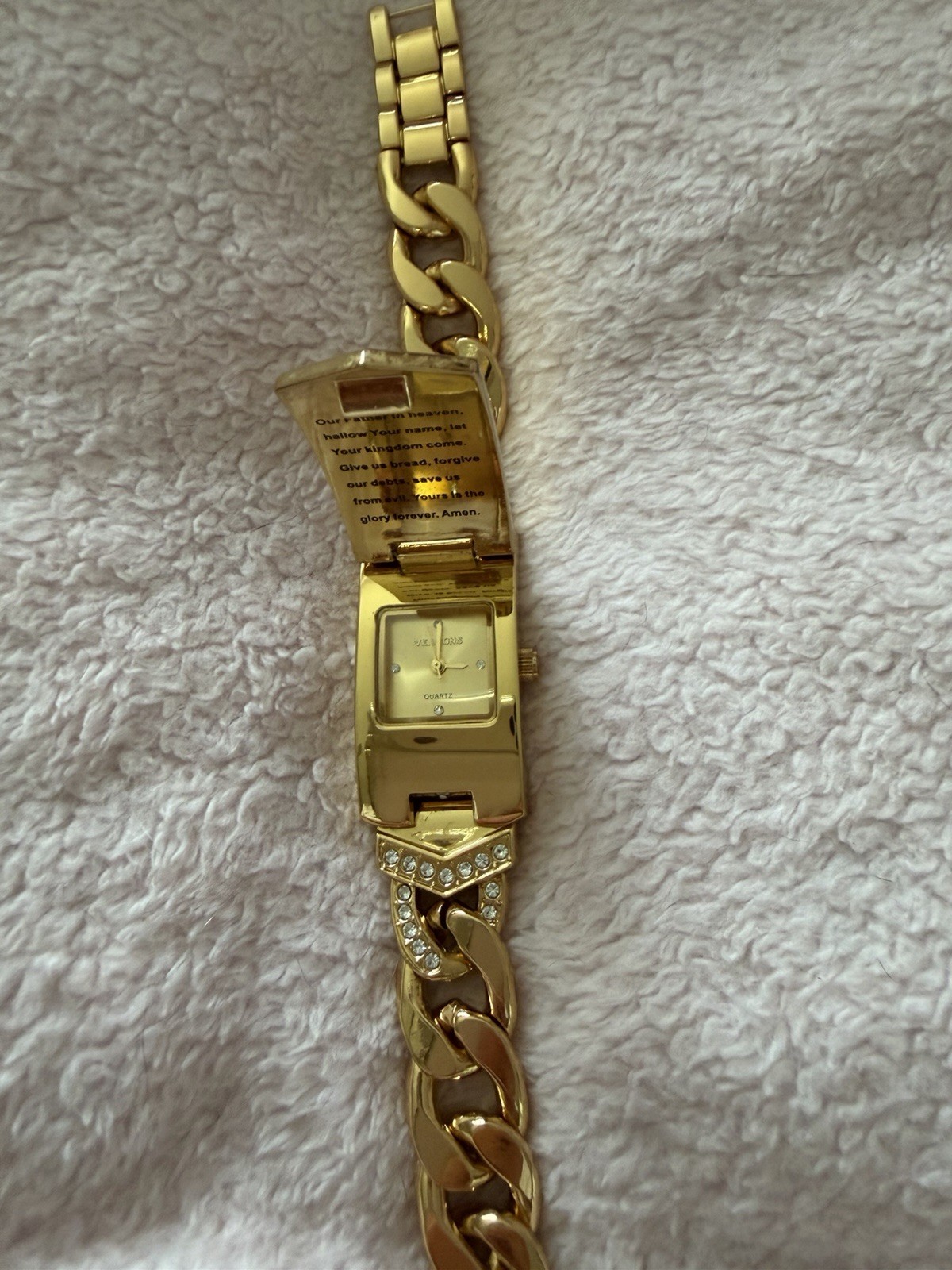Women’s Gold Tone Quartz Rectangle Bracelet Watch Religious Theme w/ Box