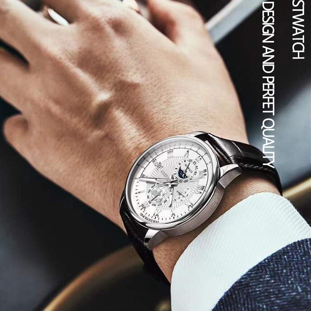 Men Watch Leather Waterproof Luminous Watch Luxury Men Quartz Wristwatches + BOX