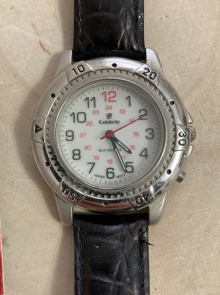 VTG Celebrity Glo-Quartz Backlit #6N30 Unadjusted Silver/Black Leather Watch