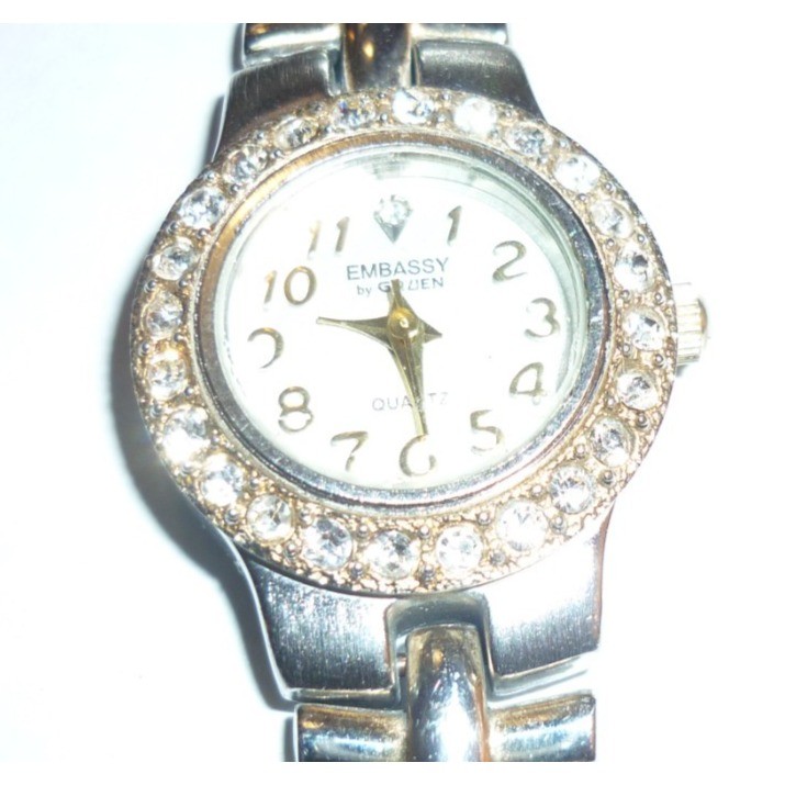 Embassy by Gruen Silver Tone Crystal Bezel Quartz Watch GEM1123 New Battery