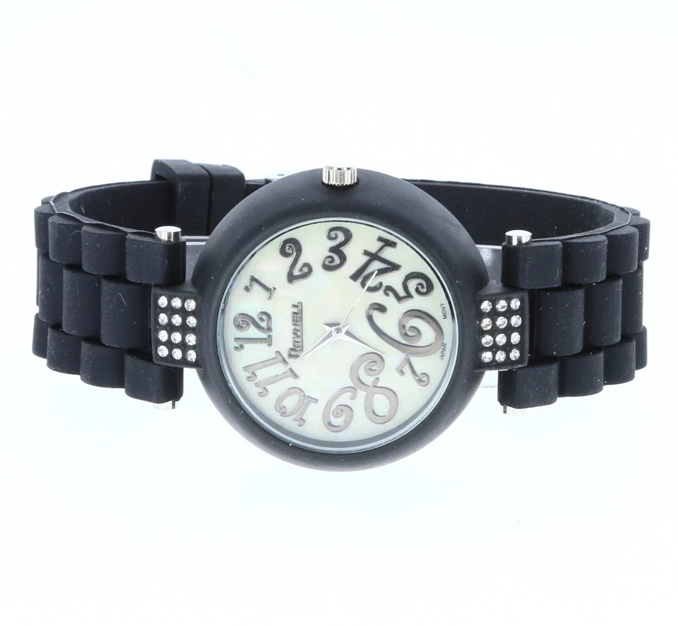 Raynell Qrtz Womens Rhinestones Bezel Black Matte Finish Silicone Band Watch