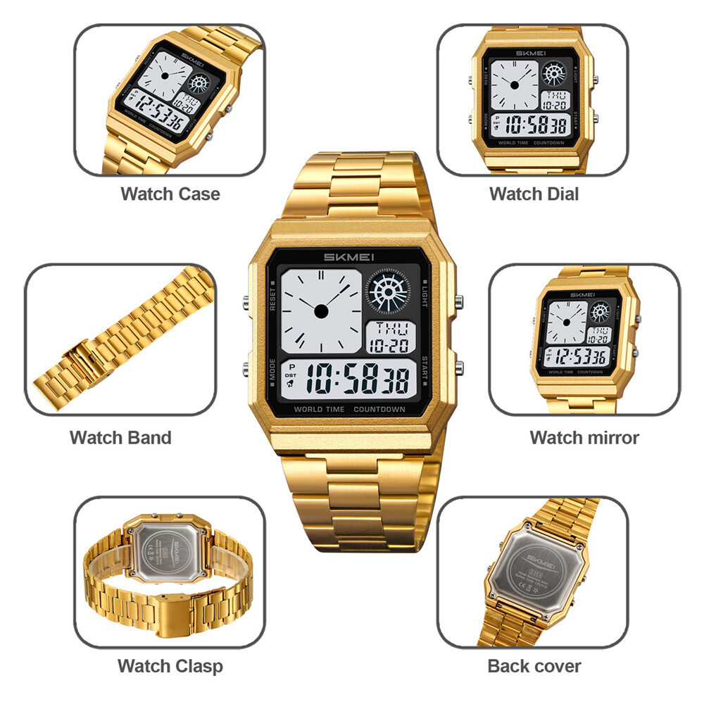 SKMEI Men Digital Watch LED Light Watch Fashion Square Steel Watches Male Gifts