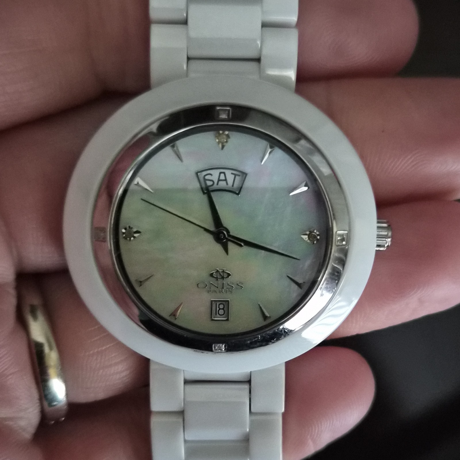 Oniss Quartz Mother-of-Pearl Dial Day/Date White Ceramic Bracelet Watch