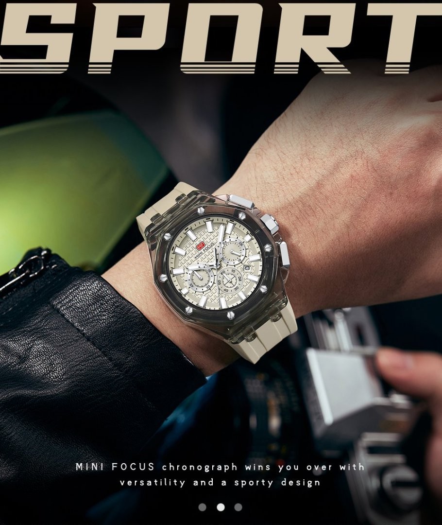 MINI FOCUS Men Transparent Case Multifunction Chronograph Calendar Quartz Watch