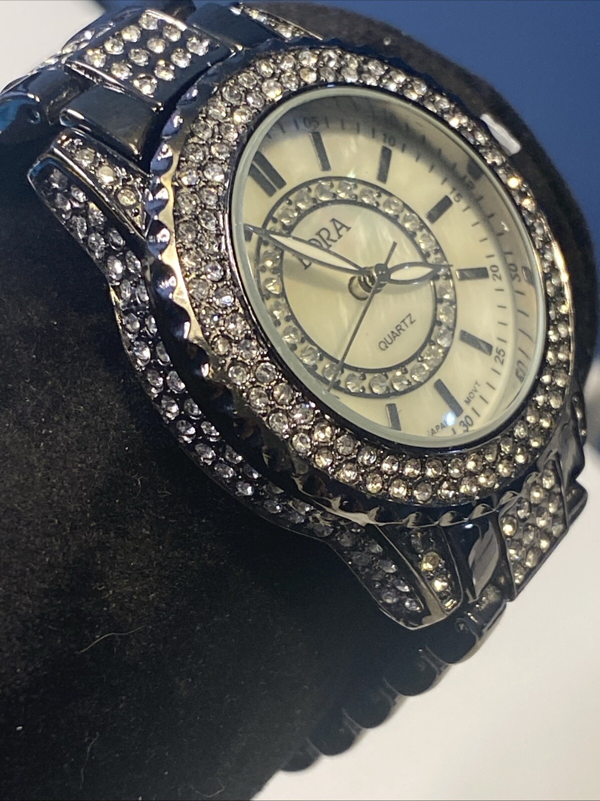 Bora Watch Women 37mm Crystal Bling Gun Metal Color New Battey Band Bling