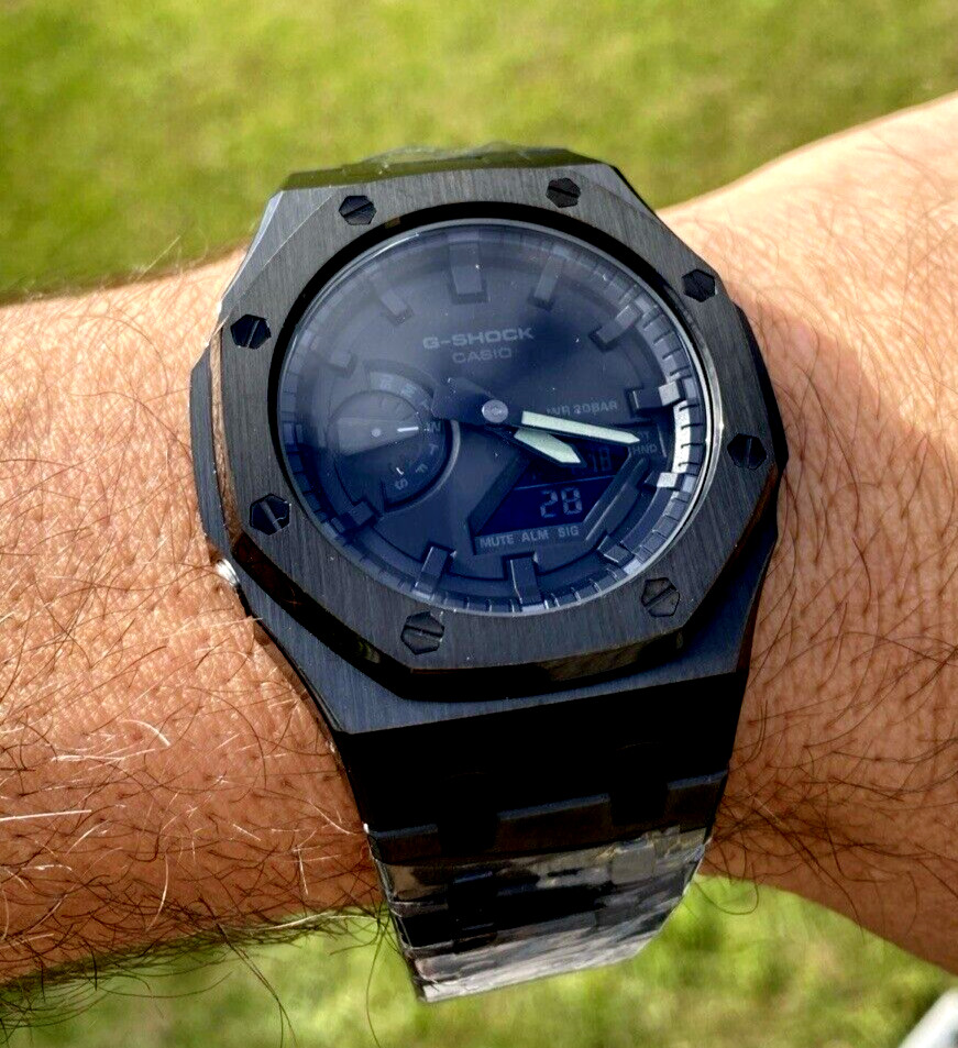 New Casio G-Shock GA2100 BLACKOUT Custom MOD All Black Color Stainless Steel