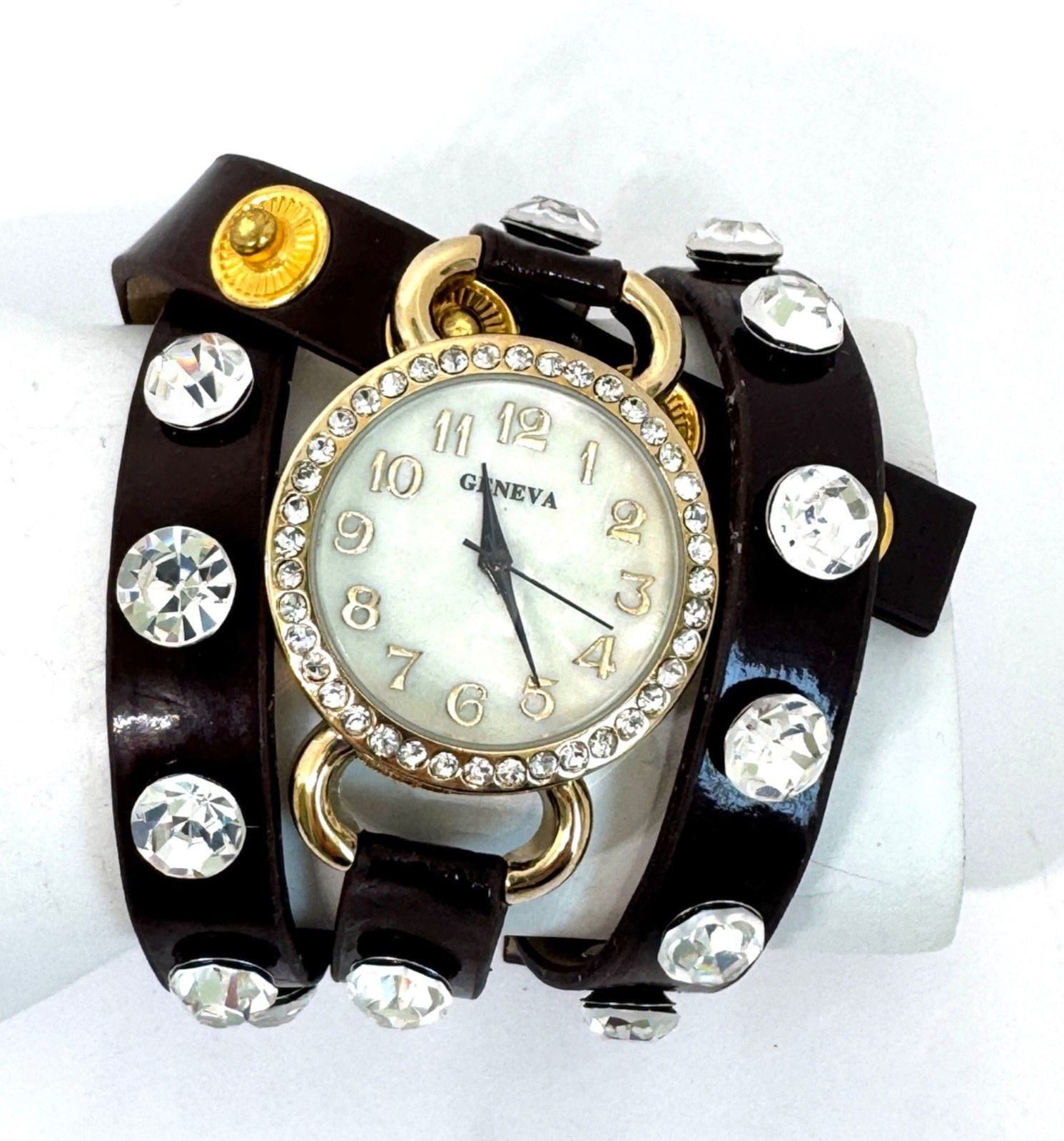 Y2K Vtg New Brown Wrap Ladies Women’s Watch Clear Stud MOP #1085