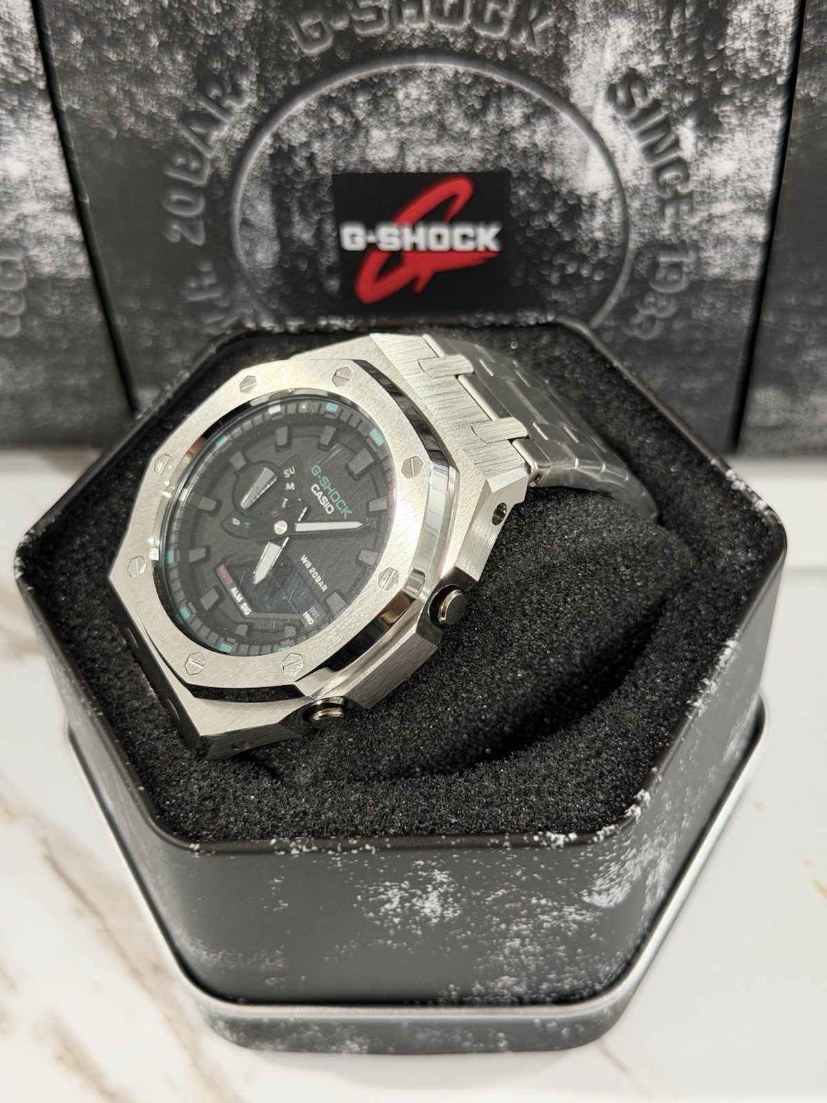 Casio GA-2100 G-Shock Watch – Sandblasted Silver Case Mod – Black Dial