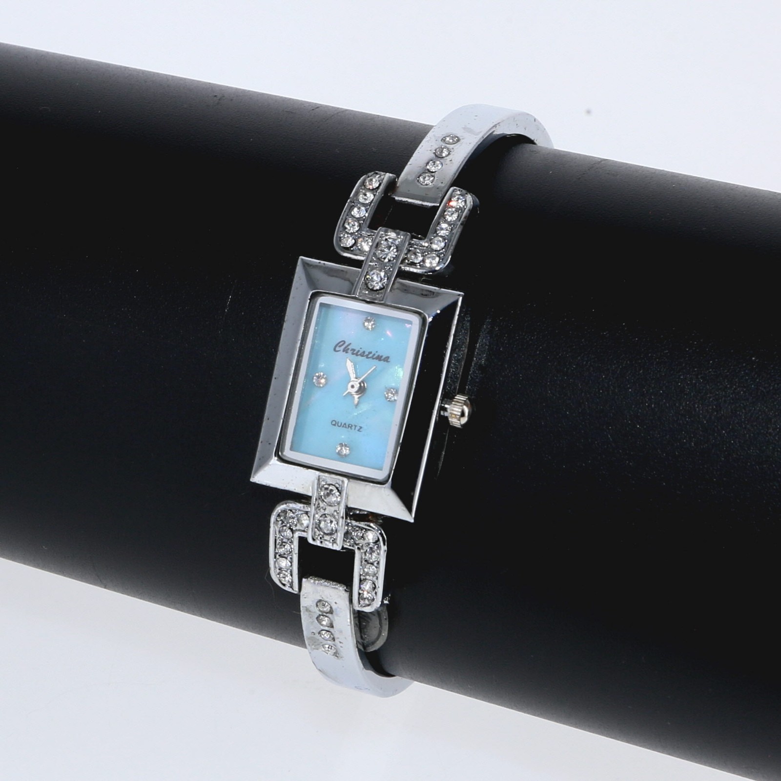 Silver Rhinestone Crystal Bracelet Watch 19mm x 24.3mm Blue Mother of Pearl Dial