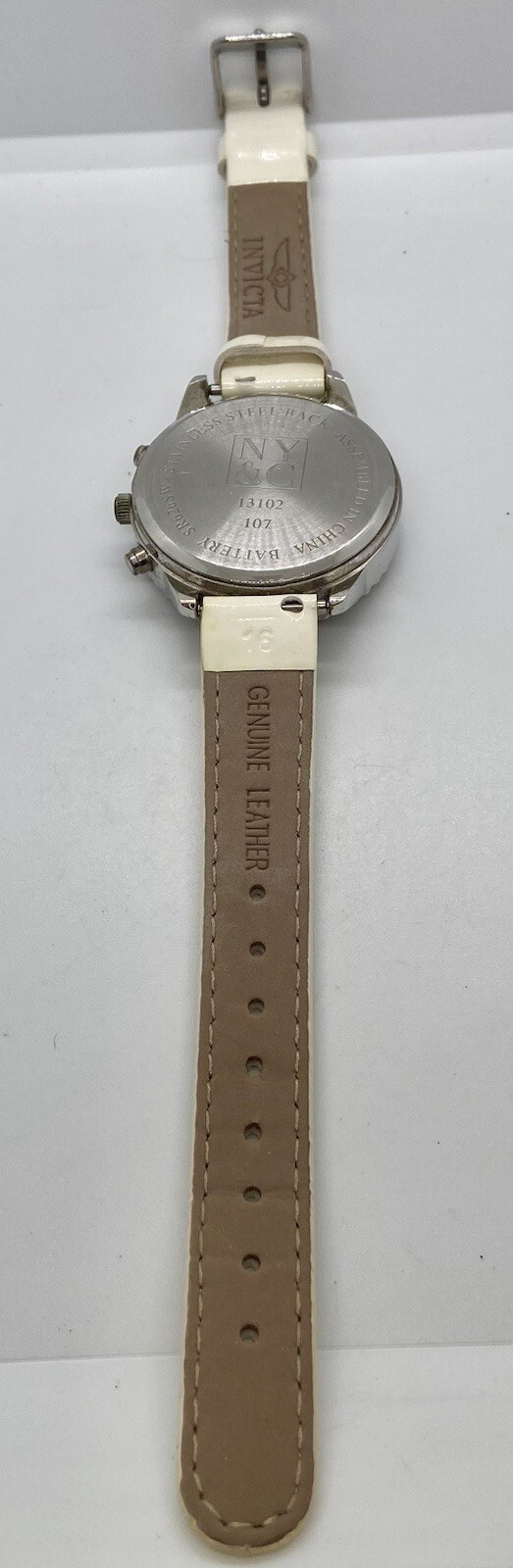NY&C Ladies Watch Iced Large MOP Dial New Battery Faux Chrono Ivory Leather Band