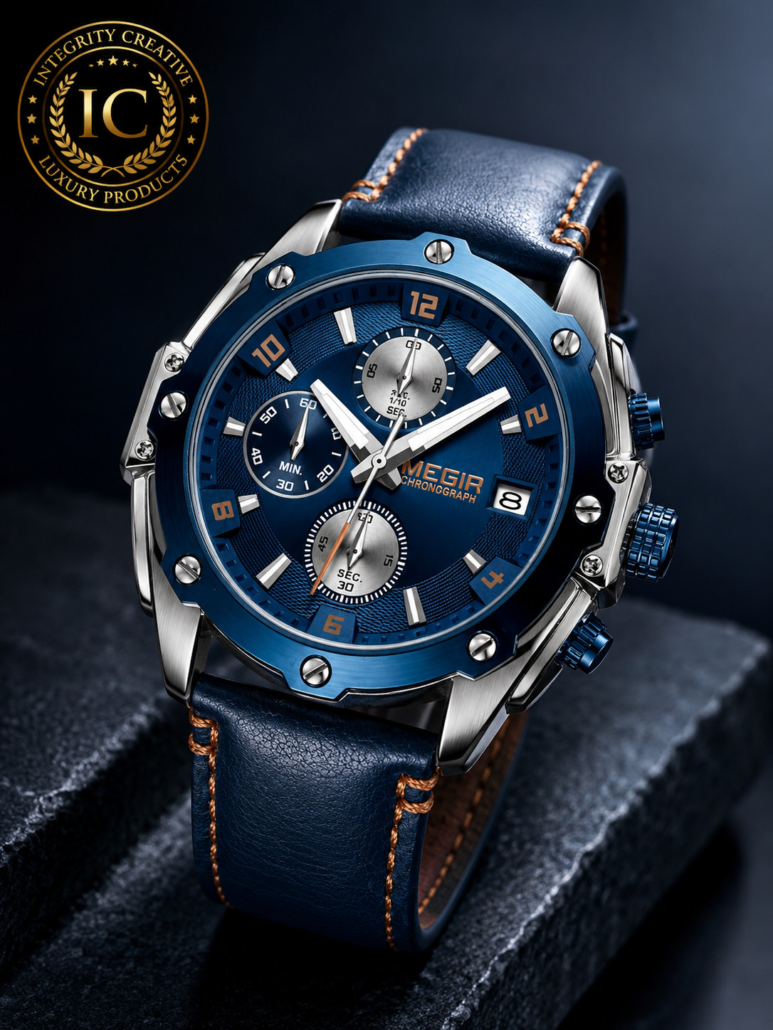 Men’s Business Quartz Watch Luminous Fashion Blue Leather Strap Round Blue Dial