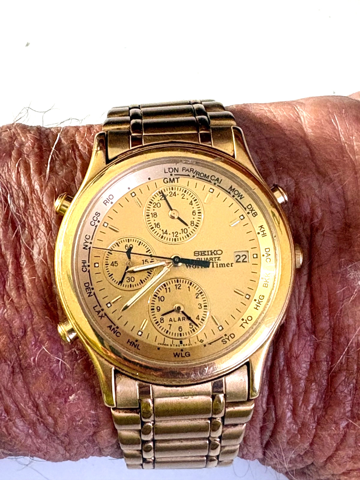 VINTAGE SEIKO WORLD TIMER 5T52-6A29 DUAL TIME ALARM GOLD TONE QUARTZ MENS WATCH