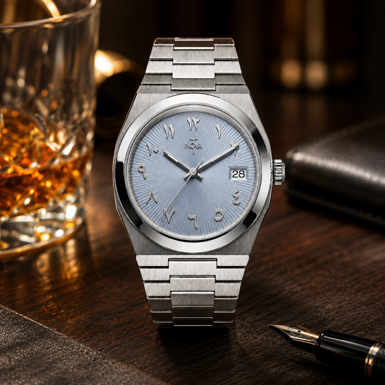 Nova Christian Covenant Custom Watch Ice Blue Arabic Dial Steel Date