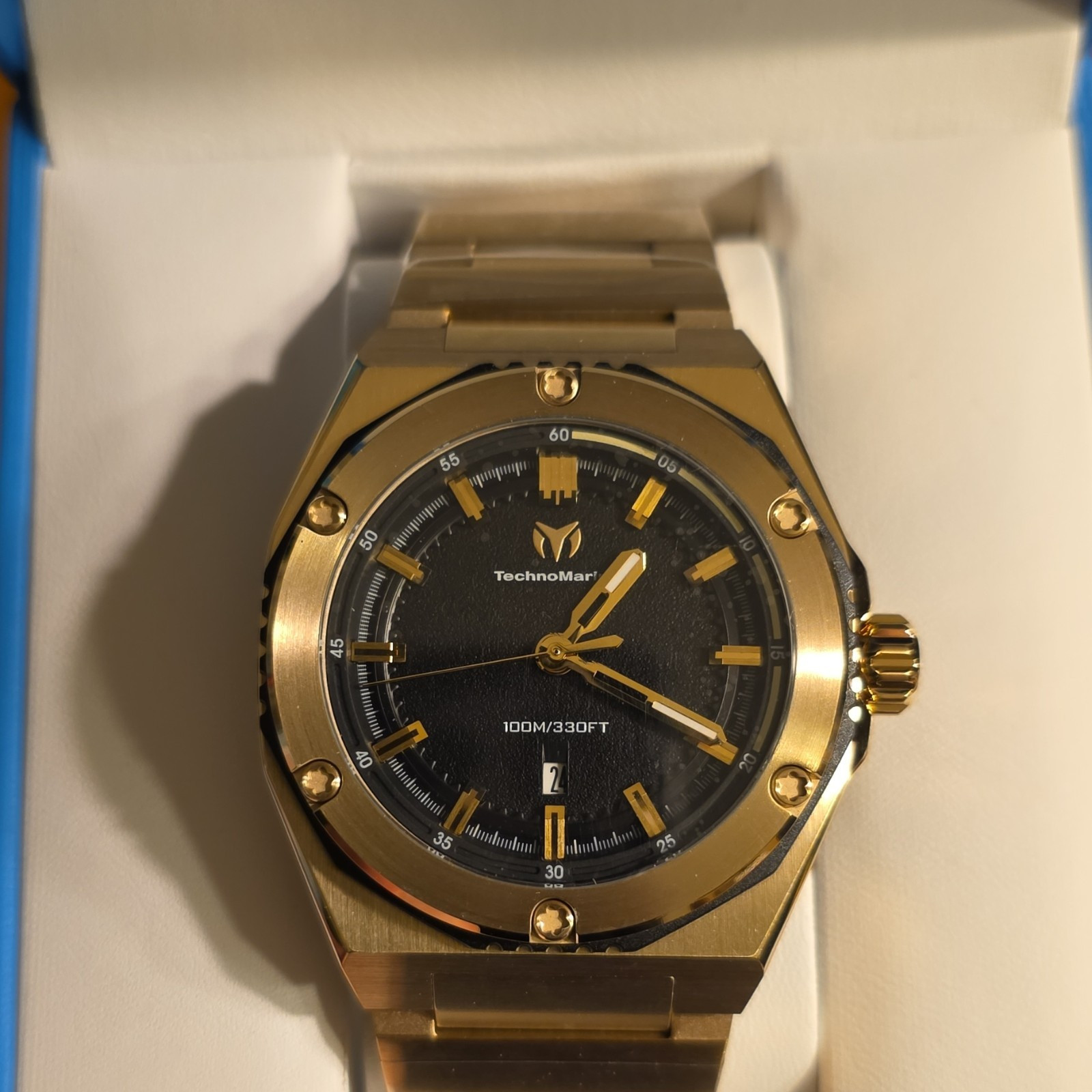 TechnoMarine Coral Legacy Gold Tone Black Dial Quartz Date 45mm 100m Box